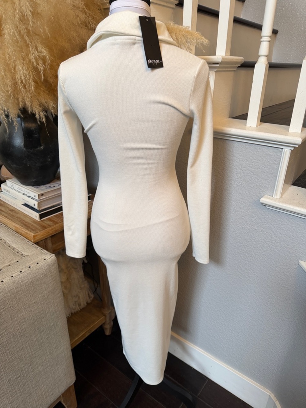 Nasty Gal Contour Ribbed High Neck Zip Front Cream Midi Dress Size 4 - Picture 5 of 7